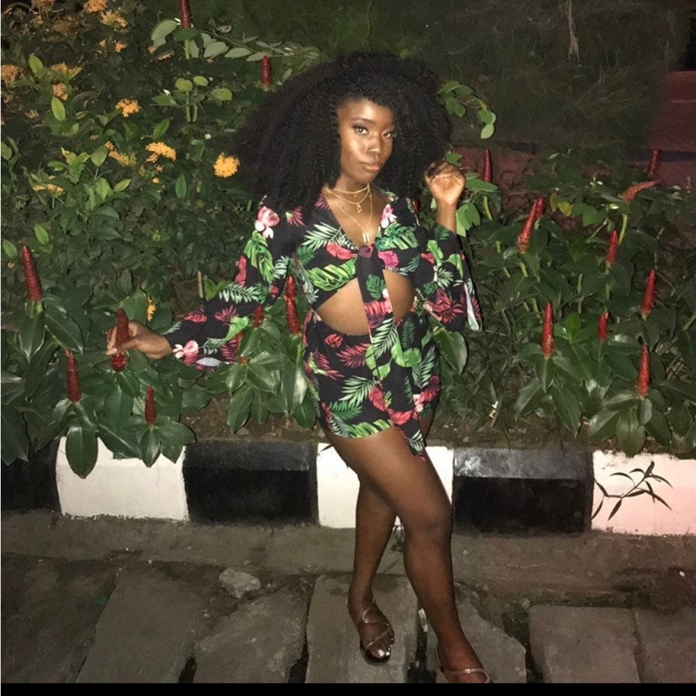 Floral flower tropical longsleeve tie black Boohoo Romper